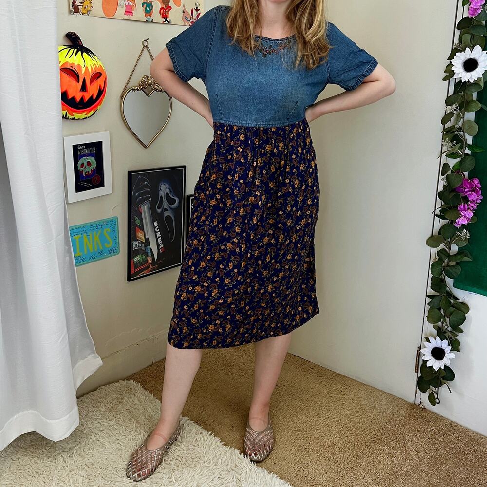 Vintage Erika Studio Cotton Denim Cottagecore Midi Dress Size XL Grunge Prairie